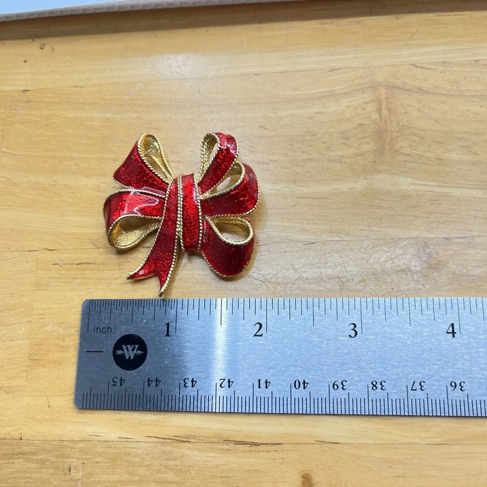 Vintage AJC Red Enamel Bow Brooch, Gold Tone Textured Holiday Ribbon Pin Classic